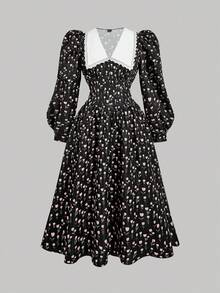 SHEIN MOD Plus Size Elegant Ditsy Ditsy Floral Puff Sleeve Maxi Dress,Fall Women Dresses,Fall Dresses,Black Long Sleeve Dress,Long Sleeve Dress,