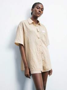 Maija Chemise casual ample à manches courtes à épaule tombante, boutonnée sur le devant avec poches, style rayé pour femmes - Nude - Voir 4