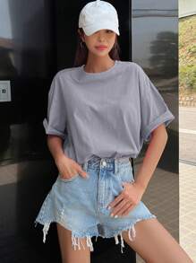 DAZY Hollow Out Heart Round Neck Oversized T-Shirt Cute Tops,Graphic Tees Preppy Tops - Purple - View 4