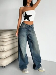SHEIN Cottnline Women's Wide Leg Loose Denim Jeans, Fashionable For Summer Women Clothing Y2k Women Summer Clothing Women's Bottoms Women Summer Sets - Medium Wash - View 4