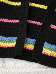 SHEIN 女童开衫，彩色条纹撞色简约日常针织毛衣，女童条纹开衫，针织开衫，女童开衫毛衣，儿童条纹毛衣，女童开衫，秋冬季 - 黑色 - 查看 4