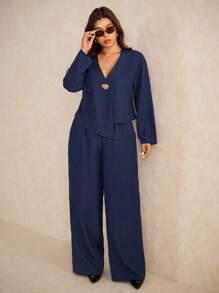 Elaquor Plus Size Casual Commuter Long Sleeve Shirt And Pants Set Women Dressy Pant Sets Plus Size Navy Blue Suit Women Blue Suit Women Plus Plus Size 2 Pieces Set Plus Size Pant Suit - Blue - View 8