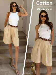 Easowa 休闲卡其色梭织百慕大短裤，直筒拉链细节，女士长款短裤，阔腿短裤，高腰短裤，女士短裤