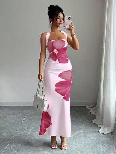 Elenzga Women's 2025 Summer Halter Tie Waist Slim Fit Printed Mid-Length Dress