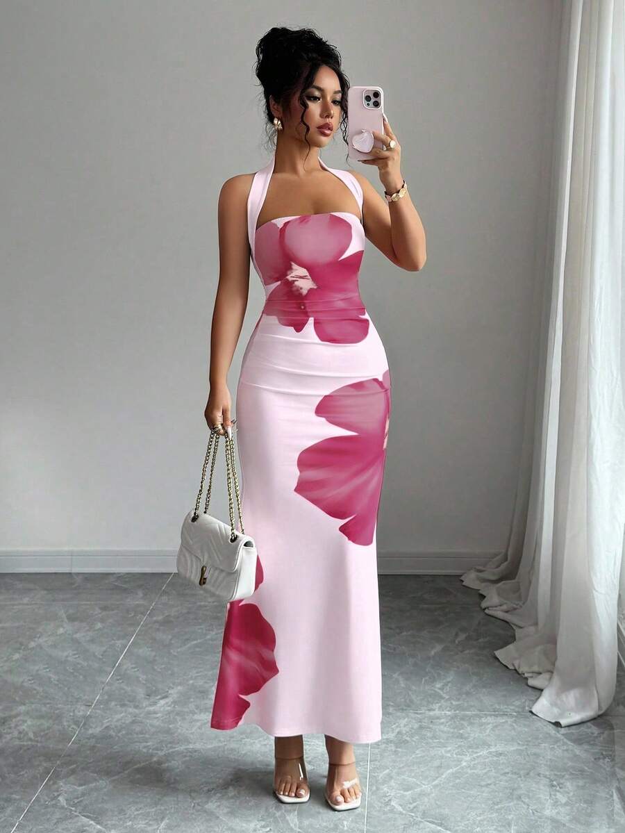 Elenzga Women's 2025 Summer Halter Tie Waist Slim Fit Printed Mid-Length Dress