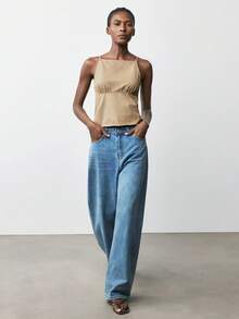 Maija 女式卡其色无袖吊带设计性感露背牛仔上衣 - 棕色 - 查看 3