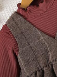 SHEIN 3 件套女婴荷叶边领长袖 T 恤连衣裙 + 配套帽子套装，简约格子设计服装，春秋 - 彩色 - 查看 4