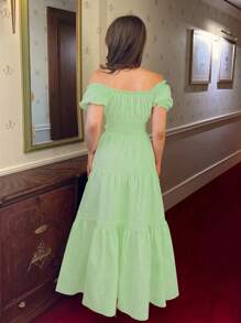 Elenzga New Women's Off Shoulder Puff Sleeve Bowknot Waist A-Line Skirt Set, Vacation Casual Fashion Young Daily Versatile Flattering Elegant - Green - View 2