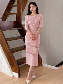 DAZY Váy dài vừa phải thanh lịch, xẻ tà vai, ôm sát, xẻ tà bên hông dành cho nữ - Hồng - Xem 6