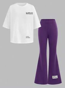 2 件套青少年女孩休闲字母印花落肩宽松短袖 T 恤和喇叭裤套装，夏季服装，夏季两件套 - 紫色 - 查看 9