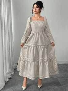 Modelyn Plus Size Women Elegant Waist Cinched Striped Long Sleeve Dress Fall Cloth For Women - Khaki - View 6