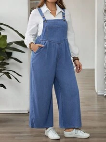 SHEIN CURVE+ 大码女式褶皱阔腿宽松休闲牛仔连体裤 - 藍色 - 查看 3
