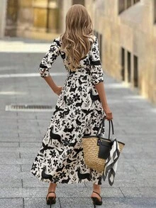 SHEIN Clasi 女式衬衫式超长连衣裙，黑色剪影印花，秋季休闲长袖连衣裙 - 黑與白 - 查看 2