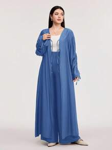Veilorie Zestaw 2 szt. dla kobiet w jednolitym kolorze, z długim rękawem i sznurkiem, wiązanie z przodu, długi top i spodnie, swobodny ubiór - Niebieski - Zobacz 3