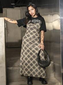 ROMWE Fairycore Vestido de tirantes con estampado de cuadros - Verde - Ver 1