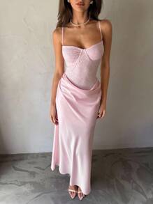 Aloruh Váy đuôi cá dài ôm sát không dây phối ren chắp vá cho nữ, gợi cảm cho mùa cưới, xuân/hè - Hồng - Xem 5