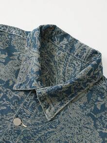 ROMWE MEN Street Life Men's Cashew Print Long Sleeve Single-Breasted Denim Jacket , Fall - Black - View 7