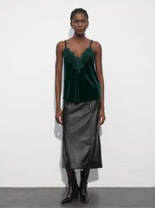 Maija 女士蕾丝拼布天鹅绒黑色吊带背心，适合秋冬季圣诞派对