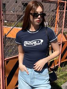 DAZY Women's Letter Printed Round Neck Short Sleeve T-Shirt,Graphic Tees - Navy Blue - View 4