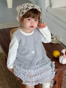 DAZY 女童圆领韩版荷叶边星星中长款派对生日连衣裙 - 灰色 - 查看 5