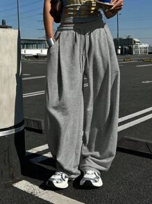 DAZY 女士纯色宽松褶皱运动裤，休闲运动裤，保暖内衬，厚款，适合秋冬季女士慢跑裤 - 淺灰色 - 查看 6