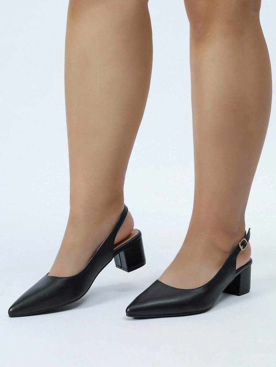 CUCCOO CURVES 宽版女式尖头粗跟露背优雅黑色高跟鞋，适合派对 - 黑色 - 查看 1