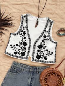 Soleia Women's Spring/Summer Open Front Embroidered Casual Top Jacket, Party, Boho Top Floral Top Embroidered Top Summer Top Boho Summer Tops - Black and White - View 8