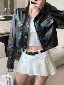 SHEIN 青少年女孩纽扣前翻盖口袋落肩短款 PU 皮夹克，休闲街头风格，男女通用 - 黑色 - 查看 6
