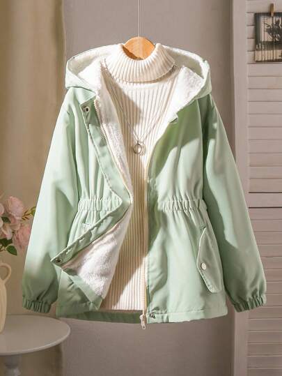 Sparklyn Abrigo acolchado con capucha, cintura recogida, 2 bolsillos, forro térmico de color verde menta para niña preadolescente