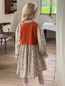 LMoss Kids Set de chaleco casual de unicolor tejido y vestido floral diminuto para niña preadolescente - Multicolor - Ver 2