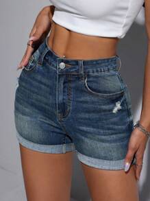 SHEIN EZwear Women's Casual Distressed Ripped Denim Shorts, Summer - Dark Wash - View 1