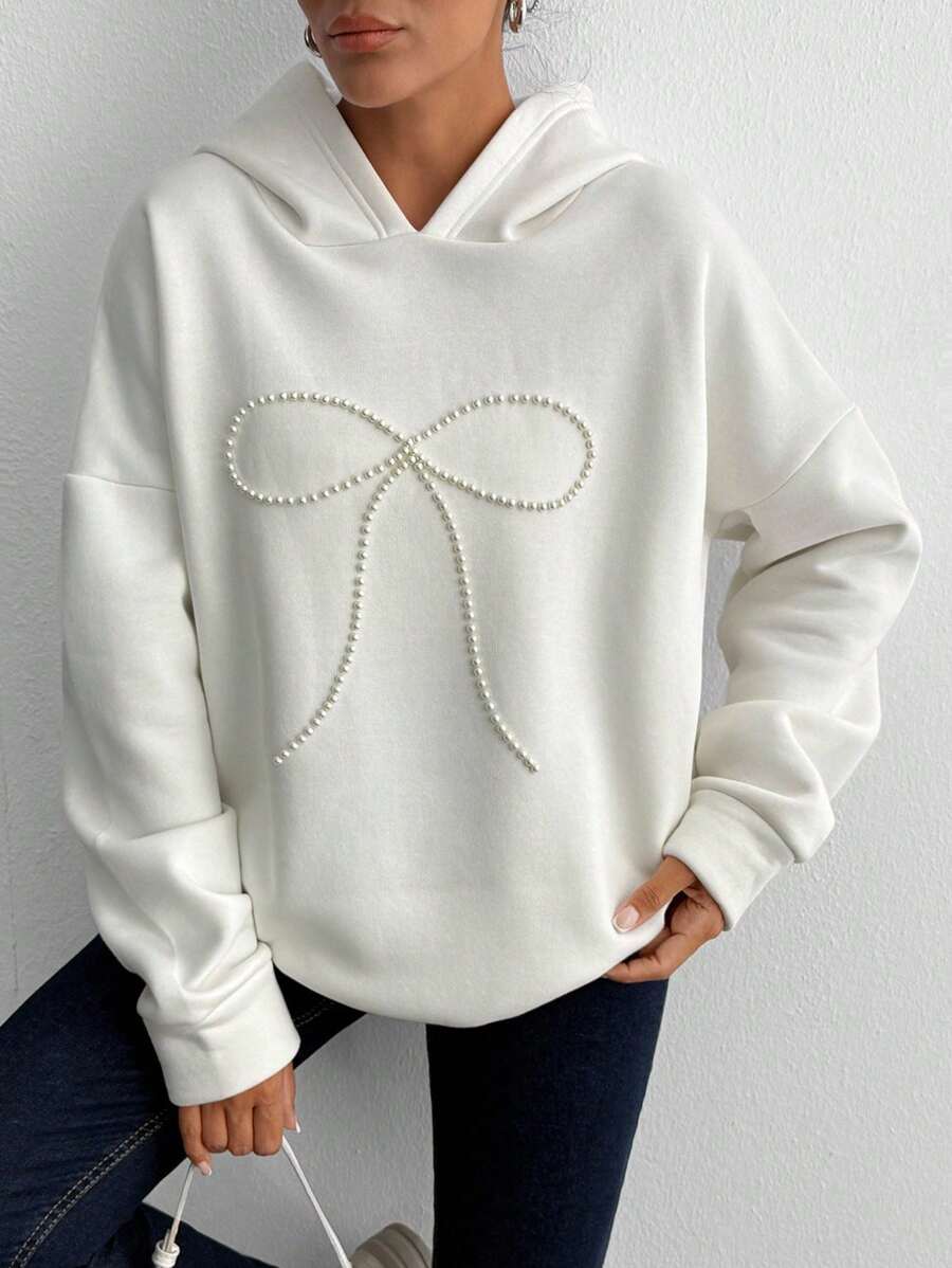 SHEIN Women Pearls Ribbon Embroidery Detailed Oversize Hooded Sweatshirt