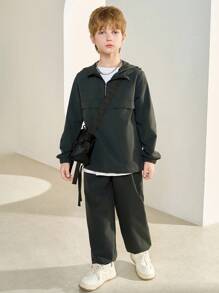 SHEIN 2pcs Tween Boy Half Zip Hoodie Jacket & Jogger Pants Set, Casual Sports Style For Fall/Winter