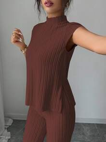 Elenzga 2pcs Casual Elegant Set: Short Sleeve Ribbed Top And Pants - Brown - View 7