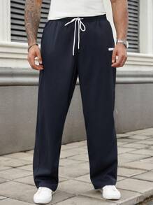 Manfinity Homme Pantalon casual ample à jambe droite avec taille à cordon et poches, pour l'automne, tailles plus pour hommes - Bleu marine - Voir 4