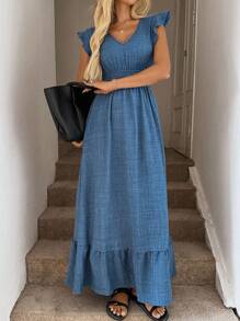 Easowa Shirred Cap Sleeve Drawstring Waist Ruffle Hem Flowy Dress, Casual Resort Wear For Women Boho - Blue - View 8