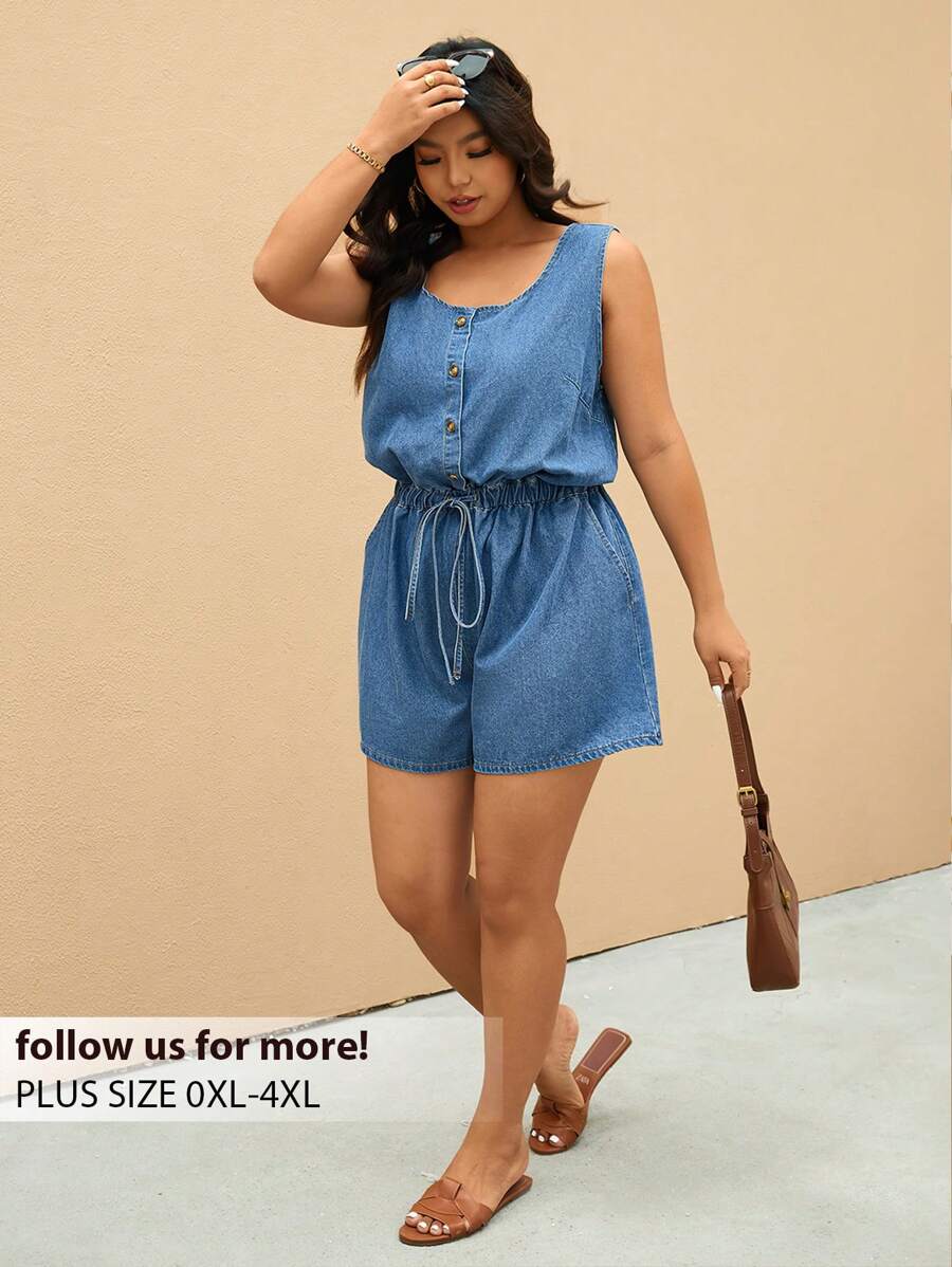 Elaquor Plus Size Denim Jumpsuit With Adjustable Strap, Fashionable For Summer - Blue - View 1