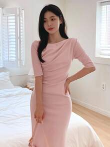 DAZY Váy dài vừa phải thanh lịch, xẻ tà vai, ôm sát, xẻ tà bên hông dành cho nữ - Hồng - Xem 7