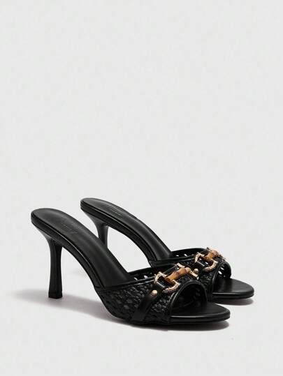 CUCCOO BIZCHIC 8.8cm Heel Height Black PU Leather Gold Buckle Decor Retro Fashion Round Toe Mule High Heel Sandals For Women