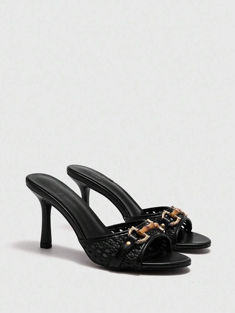 CUCCOO BIZCHIC 8.8cm Heel Height Black PU Leather Gold Buckle Decor Retro Fashion Round Toe Mule High Heel Sandals For Women For Christmas - Black - View 1