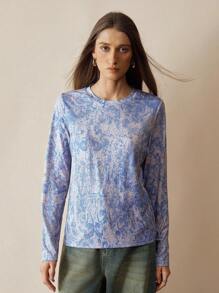 Florisole Women's Retro All-Over Print Crew Neck Loose Casual Long Sleeve T-Shirt Fall Cloth For Women - Blue - View 6