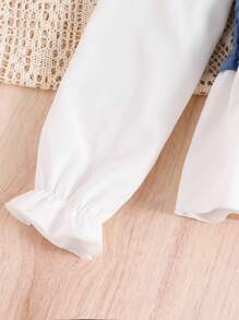 Tween Girl Solid Color Patchwork Long Sleeve Casual Top & Pants 2pcs Outfit, Cute For Spring/Autumn - Dusty Blue - View 7