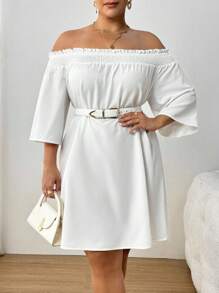 SHEIN PETITE CURVE Plus Size Casual Loose Daily Versatile Solid Color Off-Shoulder Dress - White - View 5