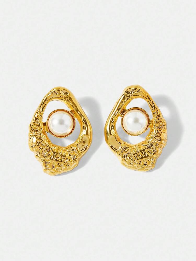 18K GOLD PLATED TEXTURED FAUX PEARL DANGLE EARRINGS