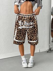 Short con cintura de cordón con estampado de leopardo de moda para mujer, de verano
