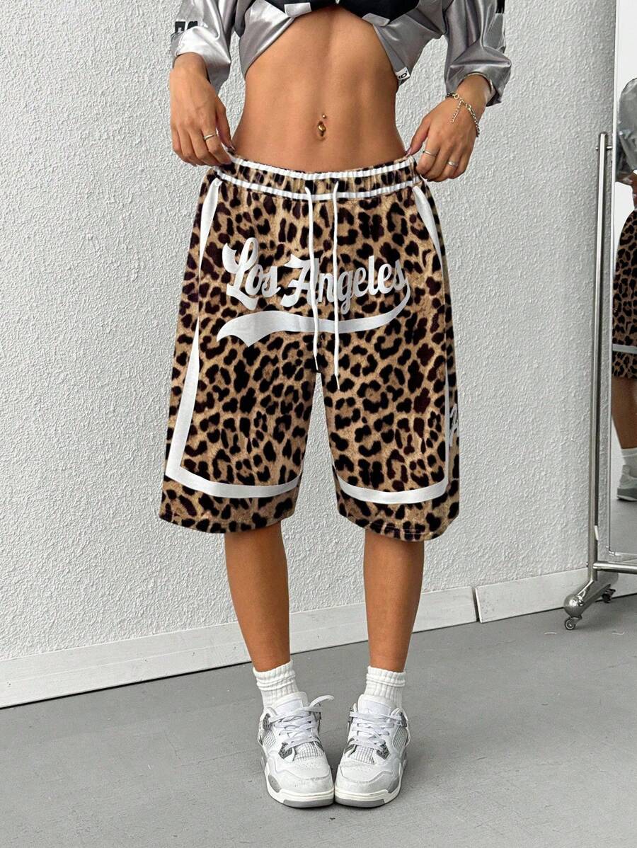 Short con cintura de cordón con estampado de leopardo de moda para mujer, de verano
