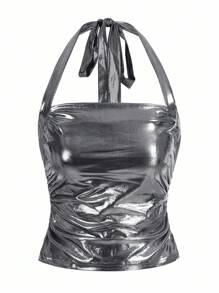 SHEIN x PRISCILA & JIMENA ROMWE PUNK Women's Metallic Halter Neck Top, School - Silver - View 2