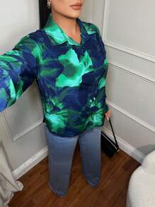 SHEIN SXY Tie-Dye Print Elegant Long Sleeve Button-Up Shirt, Chic Autumn, Business Casual Women, Office For Women, Button Up Shirt Women,Fall - Multicolor - View 4