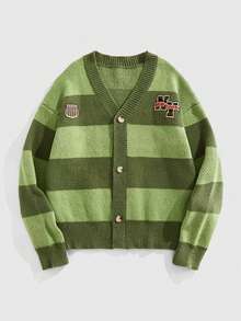ROMWE MEN Prep Men's Contrast Color Pattern Long Sleeve Knit Cardigan - Green - View 1