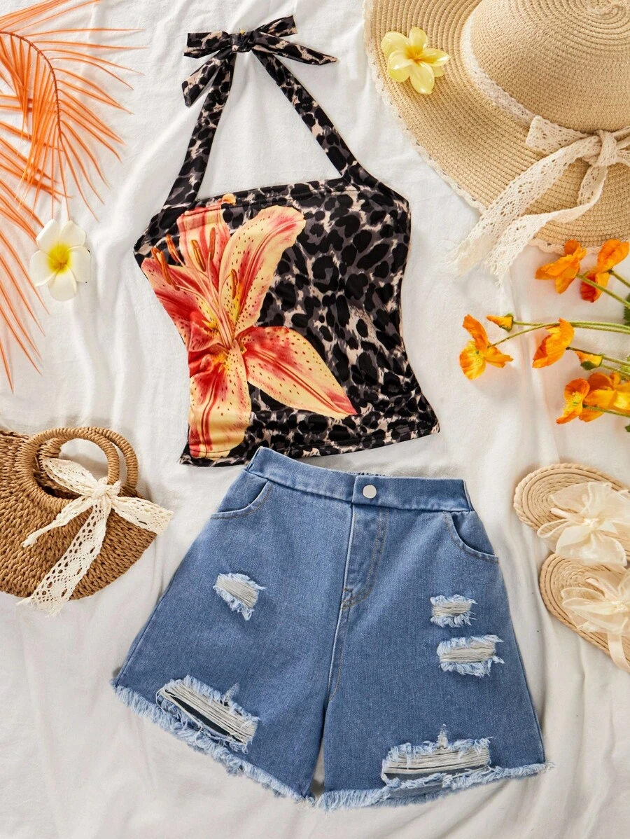 Tween Girls Leopard Print Spaghetti Strap Tank Top & Distressed Denim Shorts Set - Multicolor - View 1
